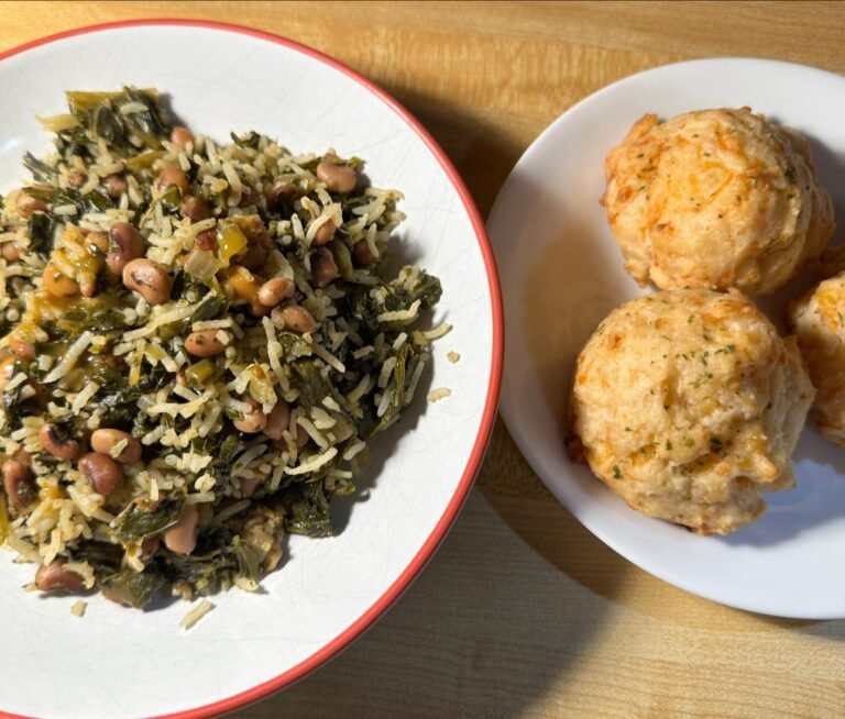 Tonight good ole Hoppin’ John with collard greens & a few leftover cheddar biscuits.