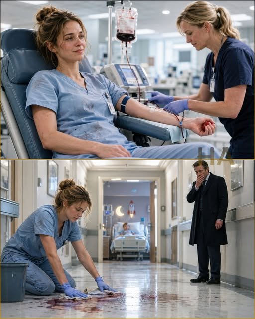The nurse donated blood every month for two years due to a special circumstance, unaware that the child she was saving was the son of a billionaire… Then, when she said, “Keep your blood money, Mr. Whitmore,” the billionaire was stunned as he watched her wipe the floor while her blood saved his son’s life… Because he had discovered an unbelievable secret