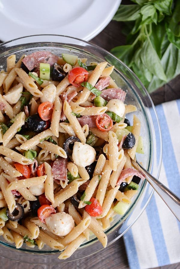 This classic Italian pasta salad is delicious and so easy to make! Loaded with crunchy veggies, fresh mozzarella, tender pasta and salami, it’s always a popular side dish!