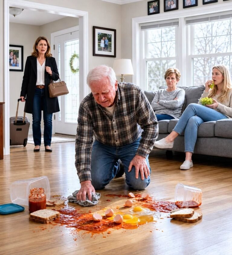Woman returned early from a business trip and found her father kneeling on the floor cleaning, while her mother-in-law mocked him: “This house smells like the countryside.”