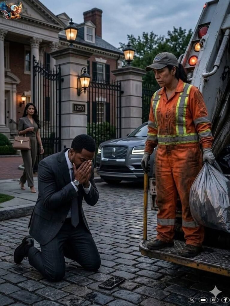 My millionaire ex-husband saw me hanging from a garbage truck in front of the mansion where I used to be his wife… but he didn’t know that right there he was going to discover the two children he abandoned with me.