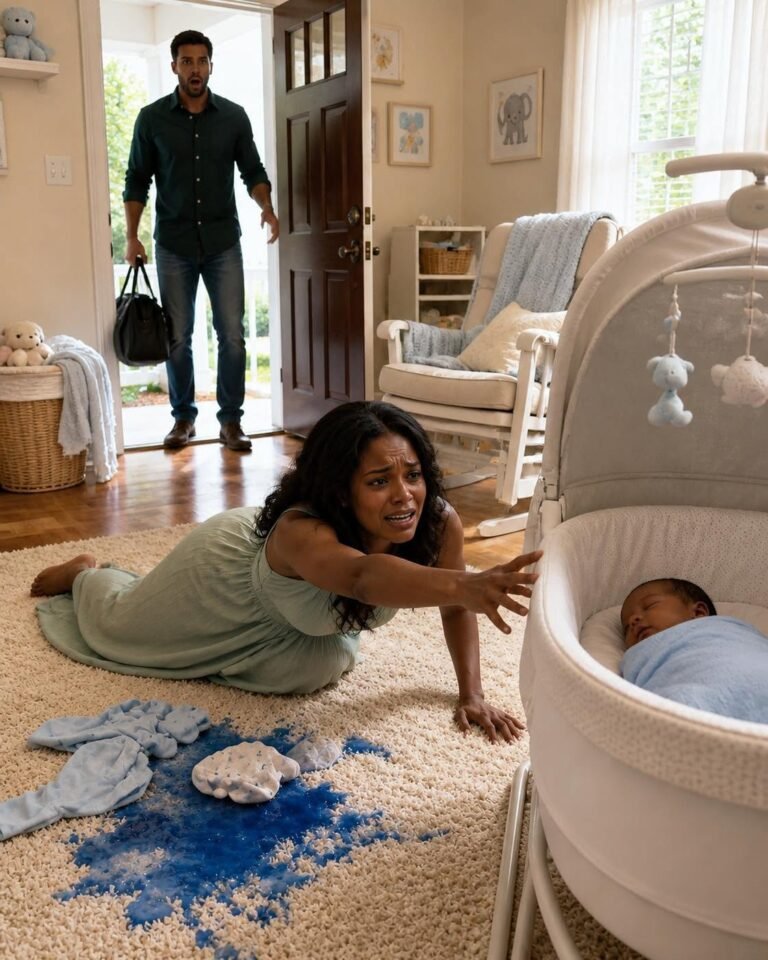 My husband left me bleeding on the nursery floor beside our newborn son while he toasted his birthday at a luxury resort. Three days later, he came home to an empty crib—and a truth that destroyed everything he thought he controlled.