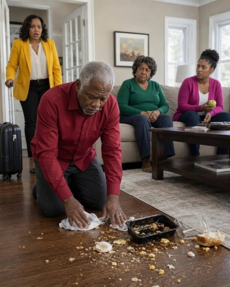 Woman returned early from a business trip and found her father kneeling on the floor cleaning, while her mother-in-law mocked him: “This house smells like the countryside.”