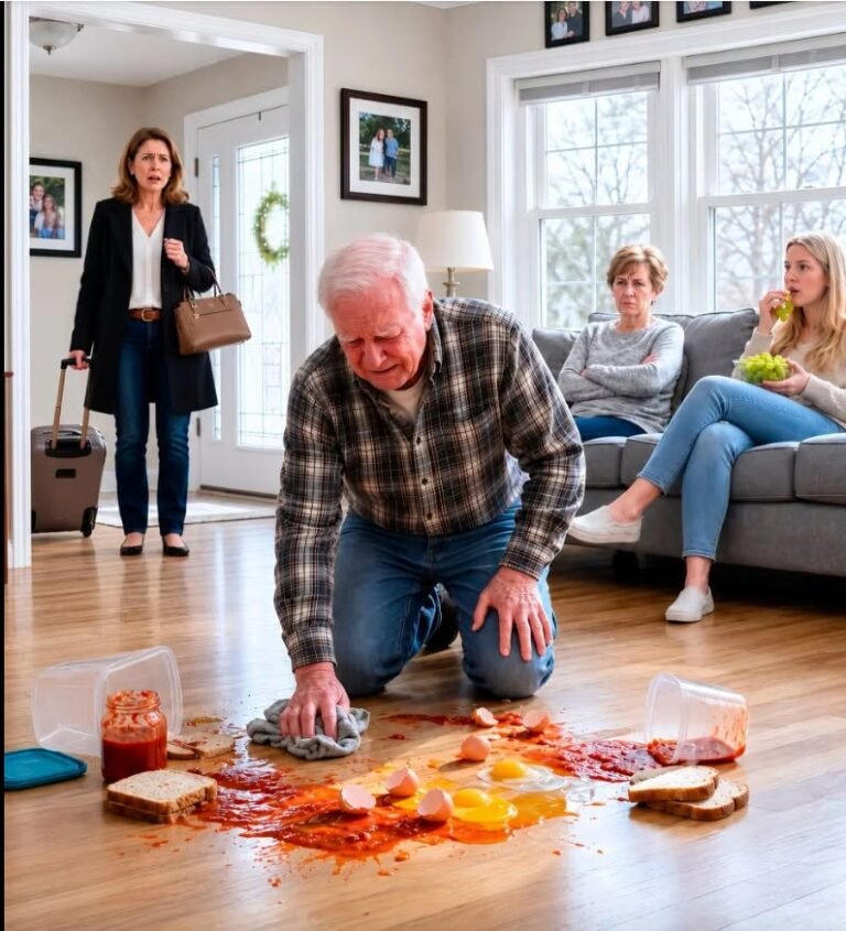 A woman returned early from a business trip and found her father kneeling on the floor cleaning, while her mother-in-law mocked him: « This house smells like the countryside. »