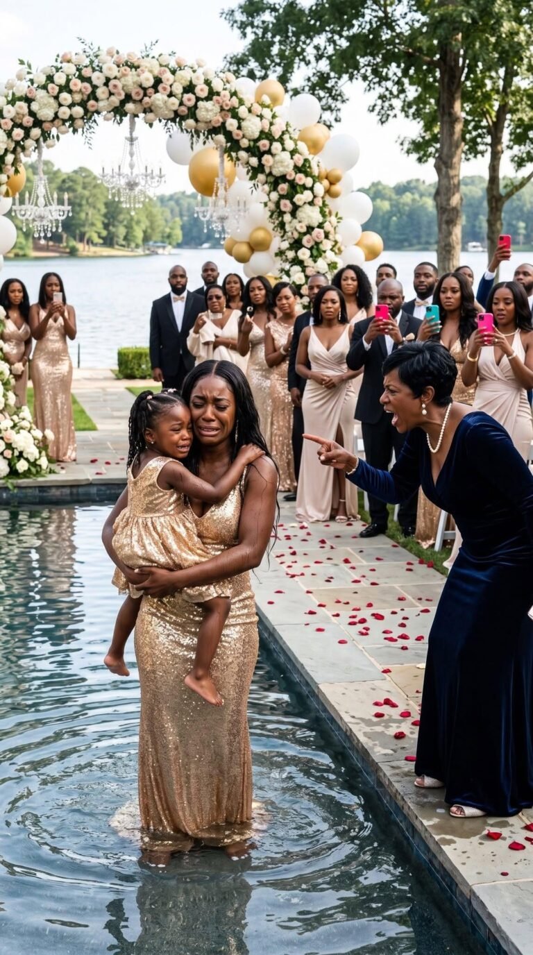 At my sister’s wedding, I was forbidden from sitting with the family because I was “a single mom.” My mother sneered, “Your sister married a CEO—unlike you, who only brings shame to us.” I ignored her, focused on my daughter who had just spilled some wine. That’s when my father exploded—shouting before shoving us straight into the fountain. The guests burst into applause, laughing as if it were a show. 2 minutes later, my secret billionaire husband arrived. What happened next left every single of them regret.