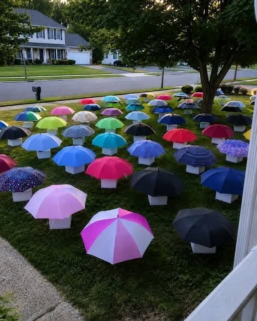 My son handed his umbrella to a pregnant woman during a storm — the following morning, 47 umbrellas covered our yard, each paired with a numbered box