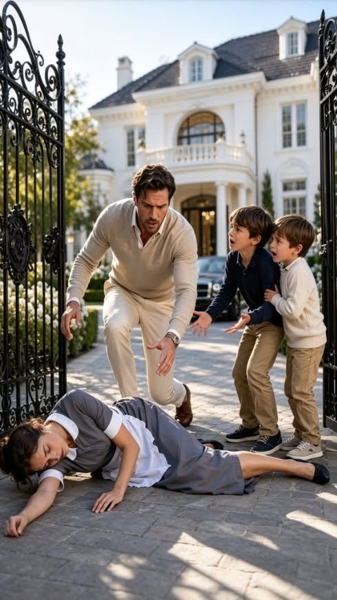 The millionaire found his employee lying on the gate… and his twins confessed why they loved her more than their own home.