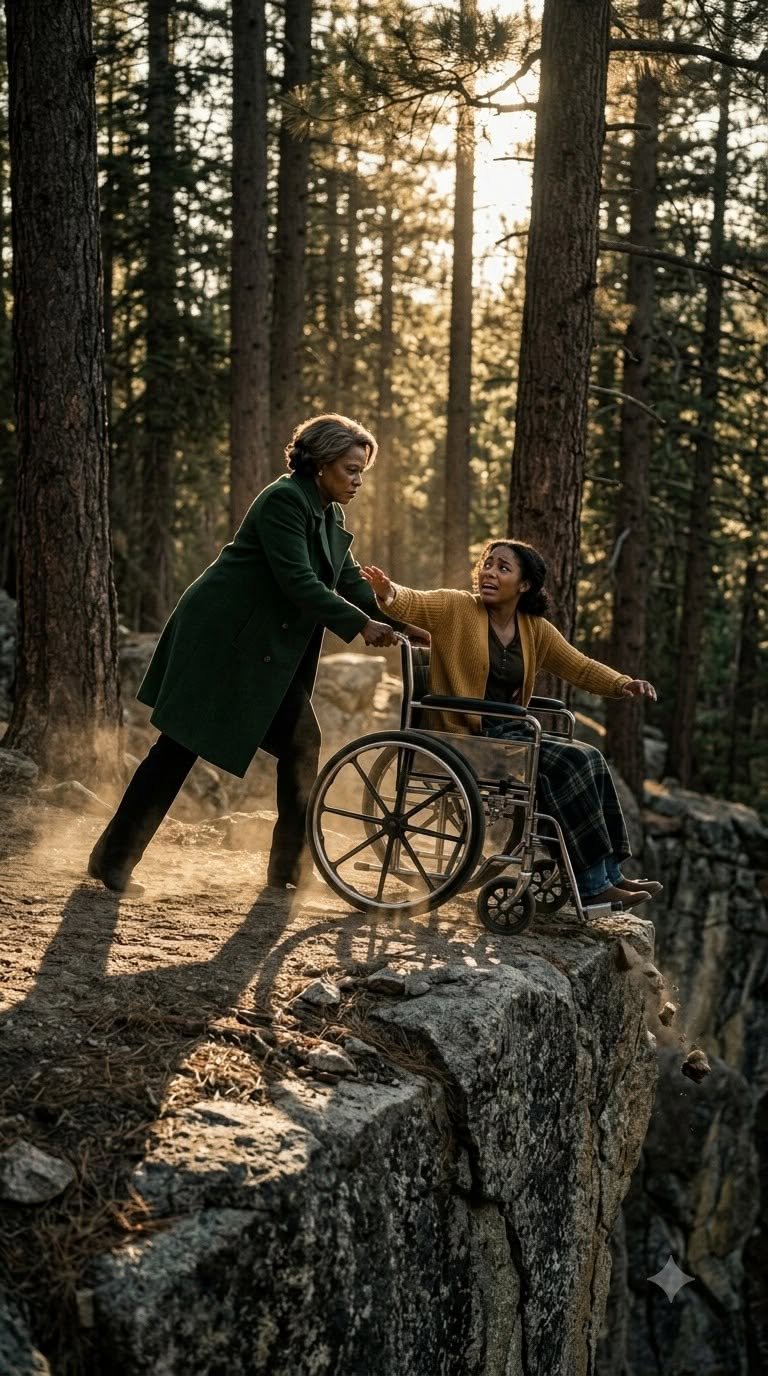 During our morning hike along Ridge Trail, my mother-in-law released the brake on my paralyzed 7-year-old daughter’s wheelchair, shouting, “Your useless daughter drains everyone!” I threw my body across the rocks, catching the spinning wheels right at the cliff’s edge. Donna turned white, trembling as I stood up unharmed. Tapping the hidden camera strapped to my vest, I smiled coldly: “I’ve recorded your cruelty for months. In 24 hours, you won’t have a single penny left.